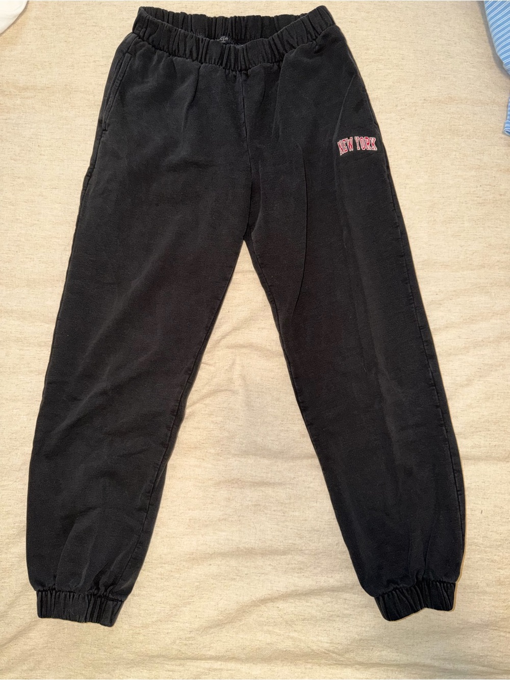 Brandy Melville Black Kids Sweatpants with Pink 'New York' Embroidery